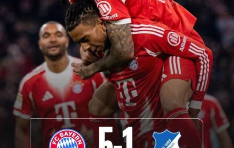 德甲-凯恩点球双响迪亚斯戴帽 拜仁5-1十人霍芬海姆