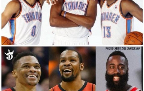 雷霆三少跨时空重聚于休城 杜兰特再次联手亚当斯